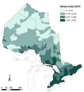 This is map showing the Aquatic Stress Index values in each tertiary watershed in 2013. Values are highest (> 0.307) in most watershed in the MIxedwood Plains Ecozone of southern Ontario and tend to be low in the Far North (< 0.144 in most tertiary watersheds).