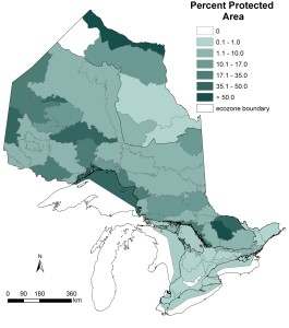 This is a map of Ontario's 71 terrestrial ecodistricts plus the great Lakes showing the percentage of each that consists of protected areas (including Dedicated Protected Areas in the Far North). Percent protected area is less than 1% in most ecodistricts of the Mixedwood Plains Ecozone in southern Ontario as well as lakes, Ontario, Erie and Huron, but tends to increase northward.