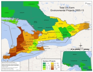 This is a map of southern Ontario showing the number of Canada-Ontario Environmental Farm Plan projects by county, region and district between 2005 and 2013. The highest number of projects have been completed in southwestern Ontario counties (301 - 1500 projects).