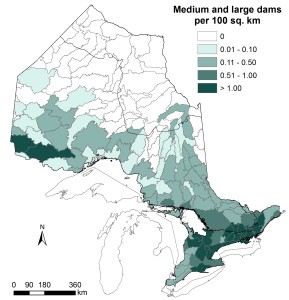 This is map of Ontario showing the density of medium and large dams by tertiary watershed. Dam density is highest in the watersheds of southern Ontario where manyw atershed shave more than one medium and large dam per 100 square kilometres of watershed area. Most watersheds in the Hudson bay Lowlands Ecozone and several in the orthern part of the Ontario Shield Ecozone have no medium and large dams.