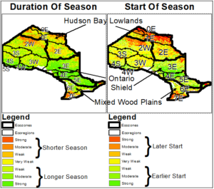 Map showing statistically significant weak, moderate and strong correlations between advancing years and duration and start of growing seasons