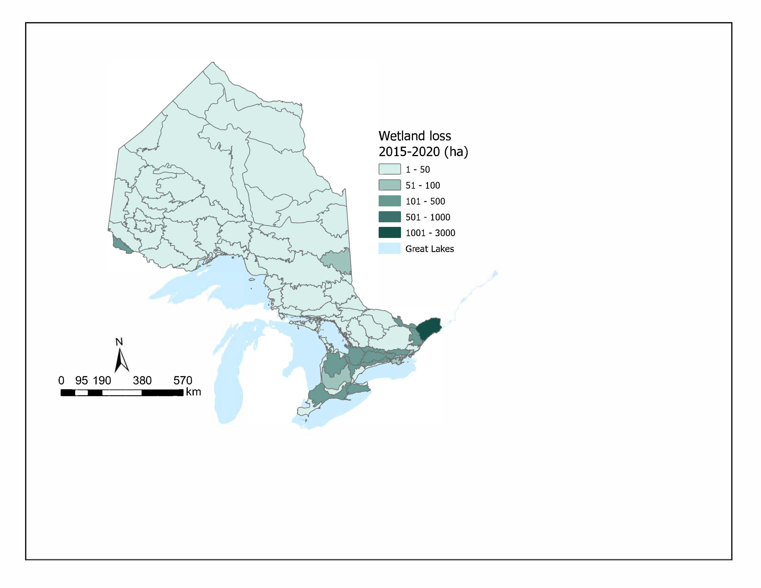 Map displaying wetland loss in hectares between 2015 and 2020 by ecodistrict.